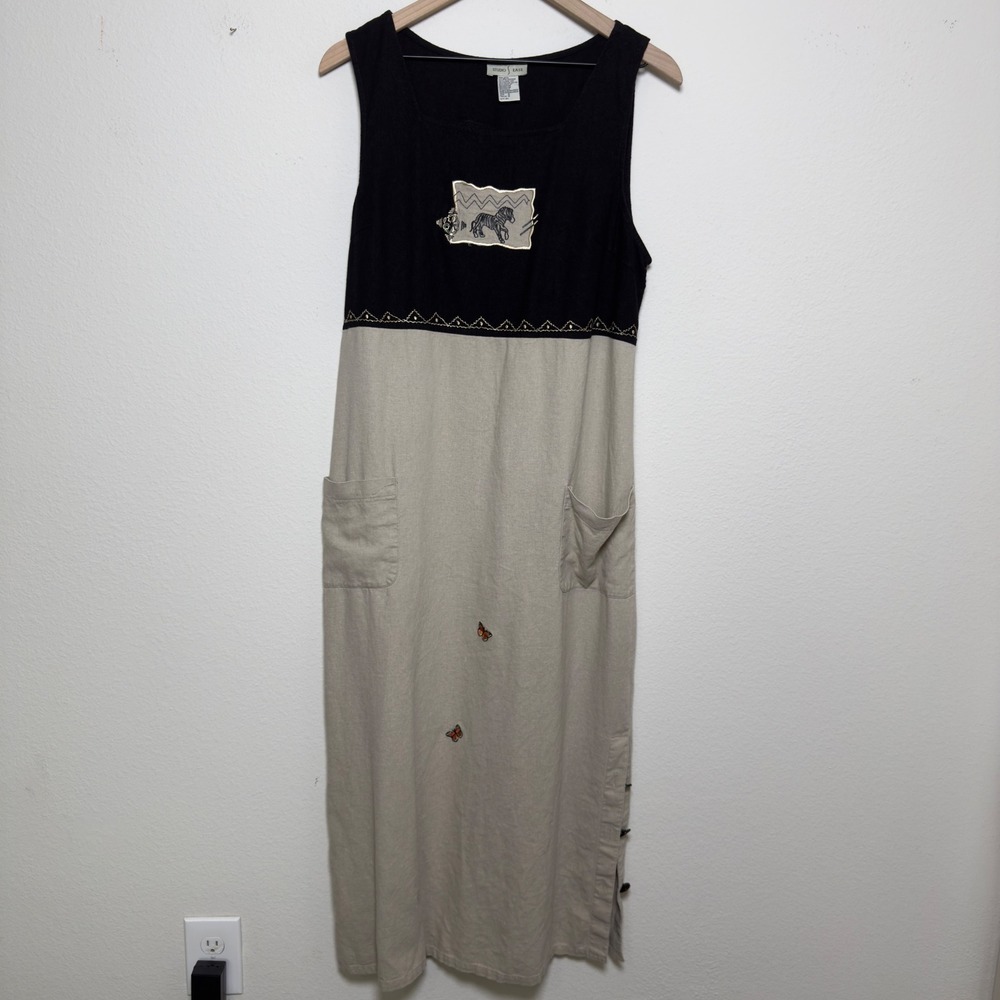 VTG 90s Studio Ease Women Linen Maxi Dress Black Tan Zebra Butterfly Embroidered